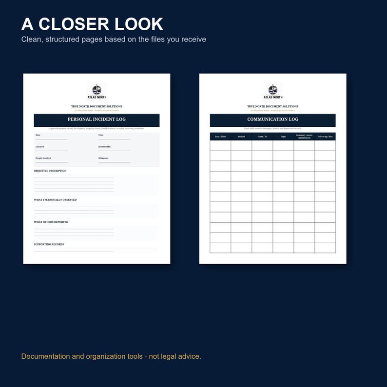May include: Two white document templates titled A CLOSER LOOK, featuring the Atlas North logo. The left page is a Personal Incident Log with fields for date, time, location, and descriptions. The right page is a Communication Log with a grid table.