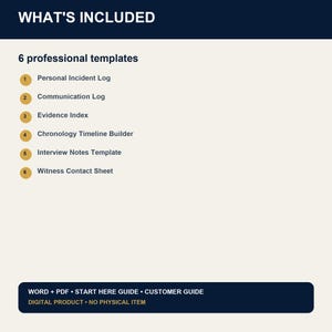 May include: A digital product list titled WHAT'S INCLUDED featuring 6 professional templates: Personal Incident Log, Communication Log, Evidence Index, Chronology Timeline Builder, Interview Notes Template, and Witness Contact Sheet. Includes Word, PDF, Start Here Guide, and Customer Guide.