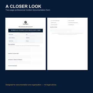 May include: A two-page professional workplace incident documentation form by Atlas North. The document includes fields for date, time, location, people involved, witnesses, incident description, immediate actions, evidence, and a follow-up checklist.