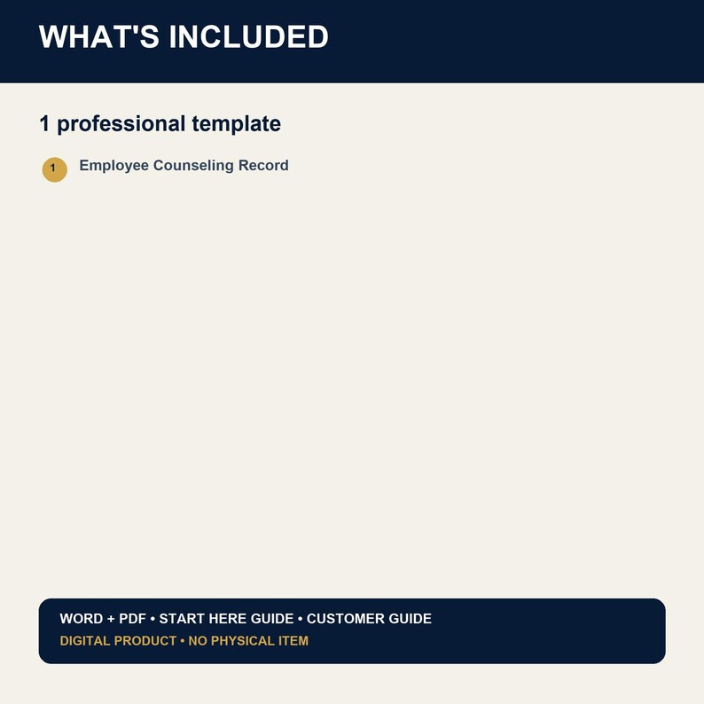 May include: A digital document template titled WHAT'S INCLUDED, listing 1 professional template for an Employee Counseling Record. The bottom section specifies WORD + PDF, START HERE GUIDE, CUSTOMER GUIDE, and notes it is a digital product.