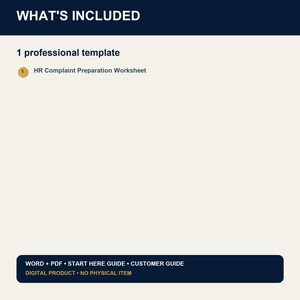 May include: A digital document template titled WHAT'S INCLUDED featuring 1 professional template, the HR Complaint Preparation Worksheet, and a bottom banner listing WORD + PDF, START HERE GUIDE, CUSTOMER GUIDE, and DIGITAL PRODUCT - NO PHYSICAL ITEM.
