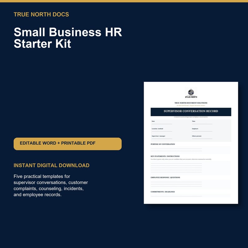 May include: A digital document template titled Small Business HR Starter Kit by True North Docs. The page displays a Supervisor Conversation Record form with fields for date, time, location, employee, and manager, plus sections for conversation notes.