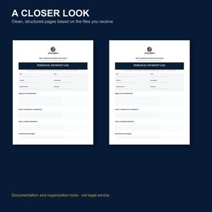 May include: Two identical white document templates titled Personal Incident Log by Atlas North Document Solutions. Each page features fields for date, time, location, recorded by, people involved, witnesses, objective description, observations, reports, and records.
