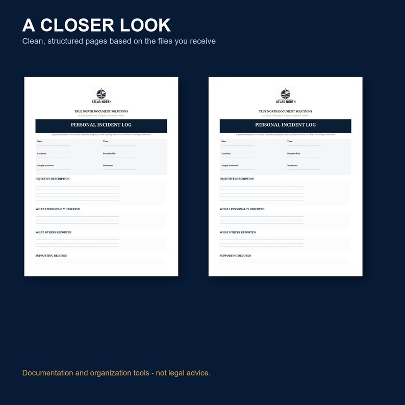 May include: Two identical white document templates titled Personal Incident Log by Atlas North Document Solutions. Each page features fields for date, time, location, recorded by, people involved, witnesses, objective description, observations, reports, and records.