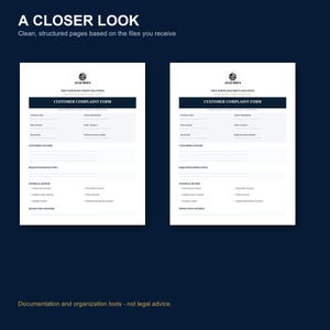 May include: Two identical white customer complaint forms with dark blue headers, featuring the Atlas North logo, fields for customer details, concern descriptions, requested resolutions, and internal review checklists on a dark blue background.