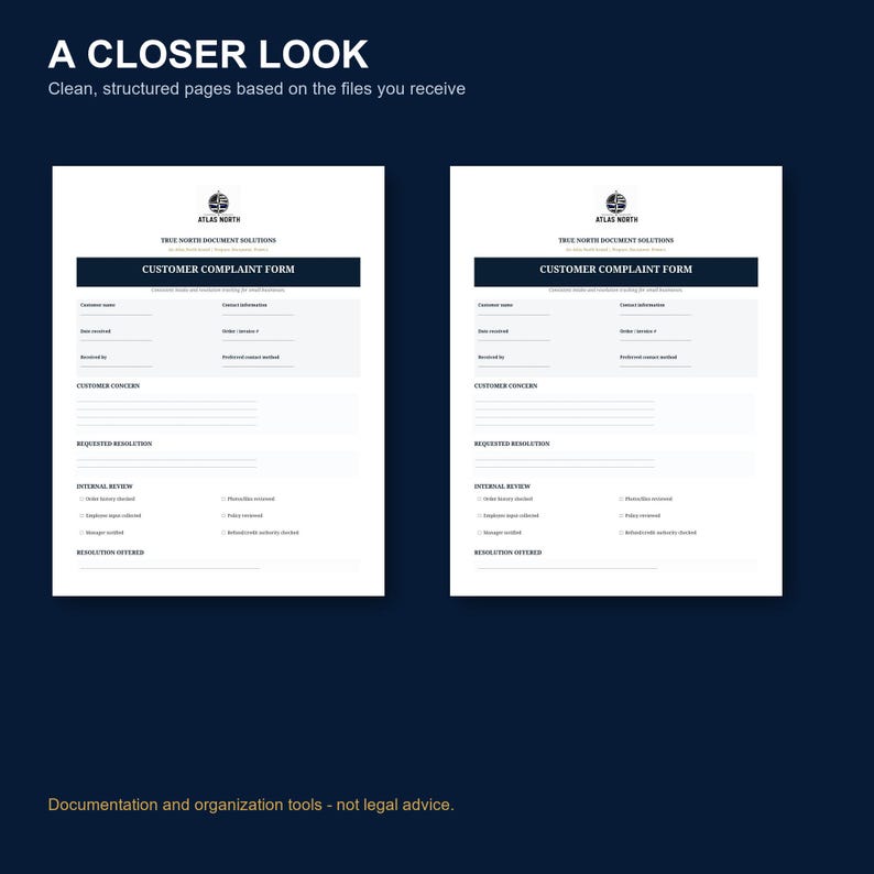 May include: Two identical white customer complaint forms with dark blue headers, featuring the Atlas North logo, fields for customer details, concern descriptions, requested resolutions, and internal review checklists on a dark blue background.