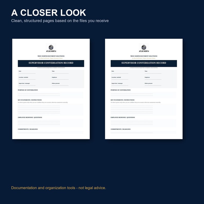 May include: Two identical white document templates titled Supervisor Conversation Record by Atlas North Document Solutions. The forms feature fields for date, location, employee, supervisor, and purpose, with sections for key statements and commitments.