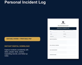 Personal Incident Log Template | Editable Record and Printable PDF
