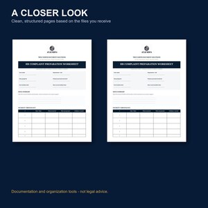 May include: Two identical white HR Complaint Preparation Worksheet documents with dark blue headers. Each page features the Atlas North logo, fields for personal details, an issue summary section, and an incident chronology table with five rows.