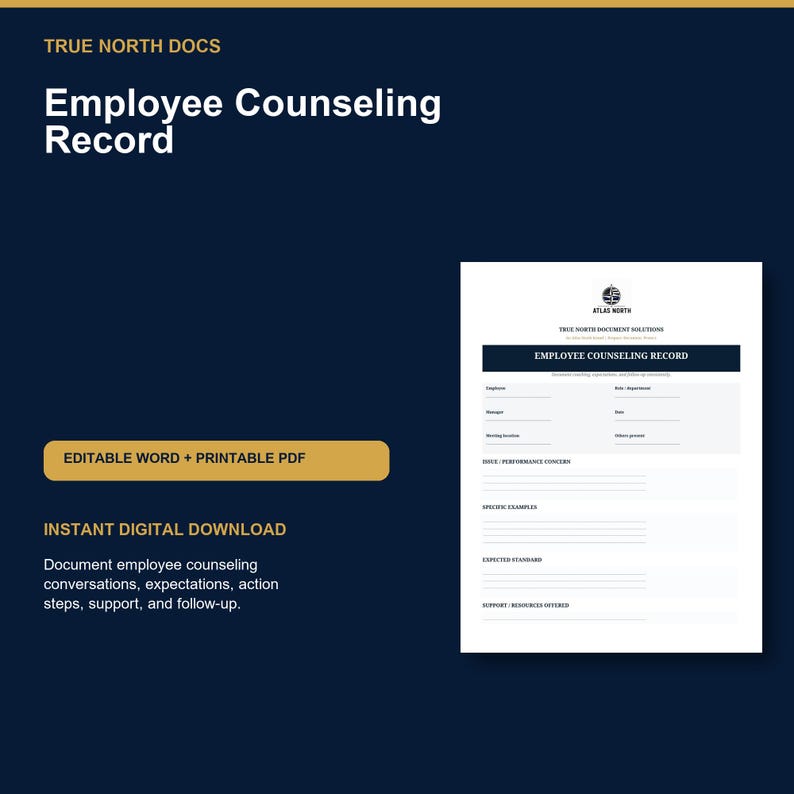 May include: A digital document template titled Employee Counseling Record by True North Docs. The white form features fields for employee, manager, date, and department, with sections for performance concerns, specific examples, and expected standards.
