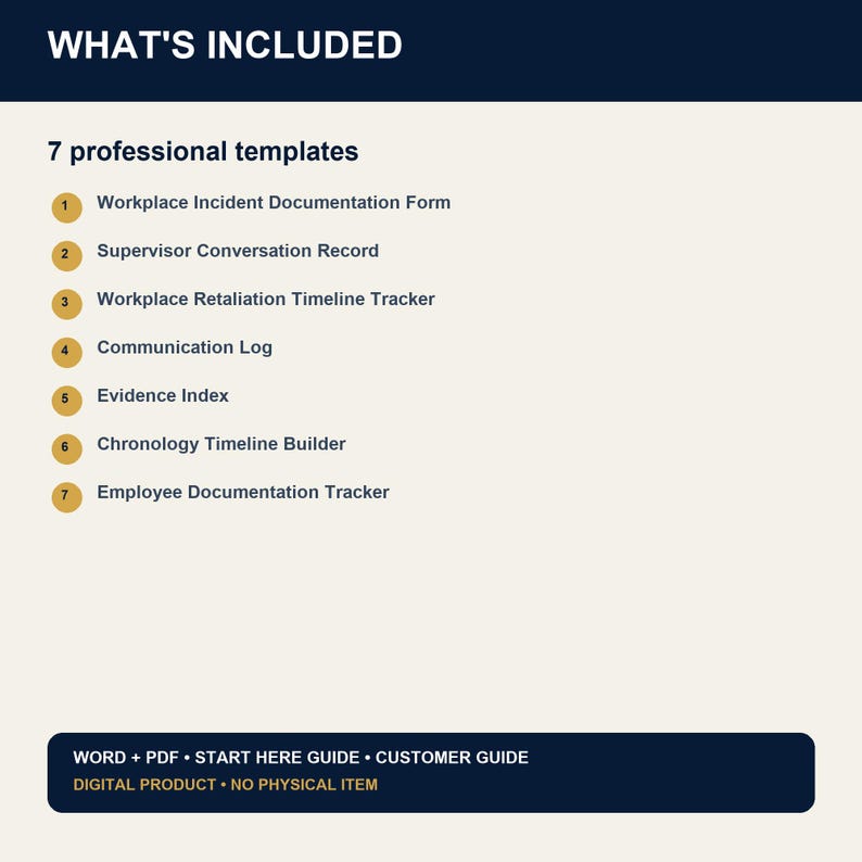 May include: A digital document listing seven professional templates: Workplace Incident Documentation Form, Supervisor Conversation Record, Workplace Retaliation Timeline Tracker, Communication Log, Evidence Index, Chronology Timeline Builder, and Employee Documentation Tracker. Includes Word, PDF, and guides.