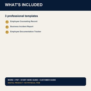 May include: A digital document listing three professional templates: Employee Counseling Record, Business Incident Report, and Employee Documentation Tracker. The bottom section specifies Word + PDF, Start Here Guide, Customer Guide, and Digital Product.
