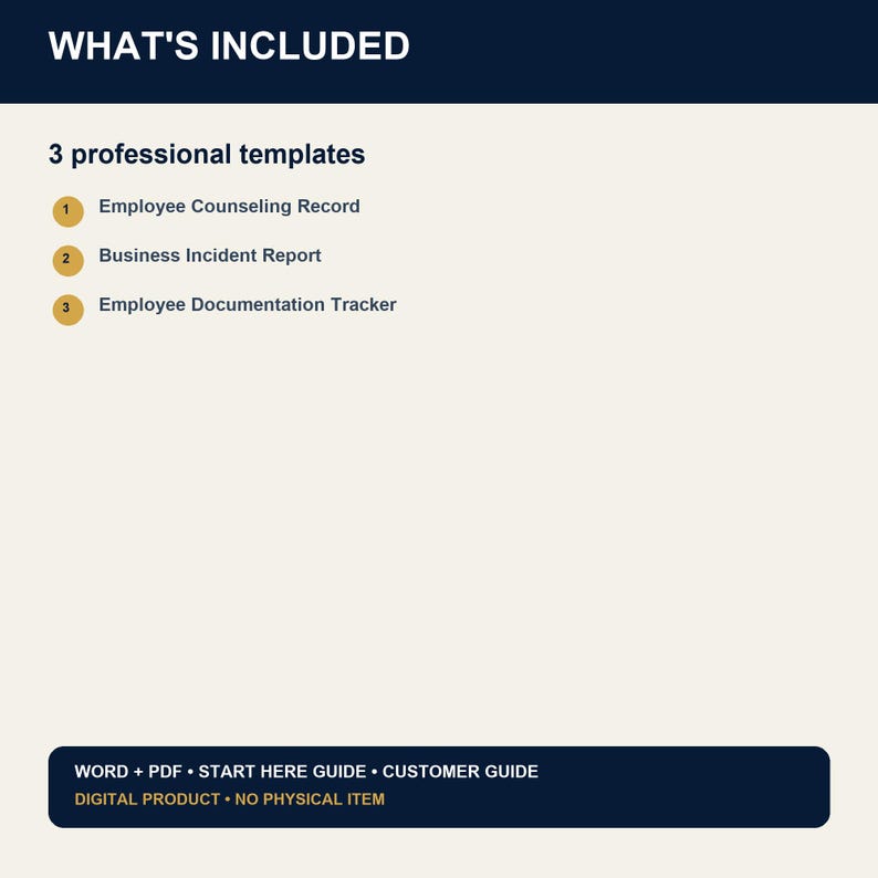 May include: A digital document listing three professional templates: Employee Counseling Record, Business Incident Report, and Employee Documentation Tracker. The bottom section specifies Word + PDF, Start Here Guide, Customer Guide, and Digital Product.