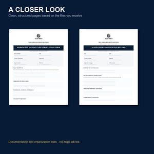 May include: Two white document templates with dark blue headers titled Workplace Incident Documentation Form and Supervisor Conversation Record. Both forms feature the Atlas North Document Solutions logo, structured fields for data entry, and lines for written notes on a dark blue background.