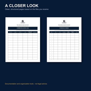 May include: Two white document templates with dark blue headers and borders. The left page is titled COMMUNICATION LOG with columns for date, time, method, from, to, topic, summary, and follow-up. The right page is titled EVIDENCE INDEX.