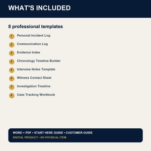 May include: A digital document listing 8 professional templates: Personal Incident Log, Communication Log, Evidence Index, Chronology Timeline Builder, Interview Notes Template, Witness Contact Sheet, Investigation Timeline, and Case Tracking Workbook.