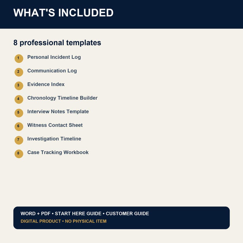 May include: A digital document listing 8 professional templates: Personal Incident Log, Communication Log, Evidence Index, Chronology Timeline Builder, Interview Notes Template, Witness Contact Sheet, Investigation Timeline, and Case Tracking Workbook.
