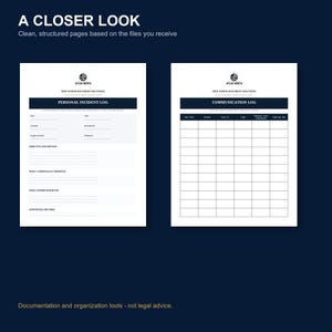 May include: Two white document templates titled A CLOSER LOOK, featuring the Atlas North logo. The left page is a Personal Incident Log with fields for date, time, location, and descriptions. The right page is a Communication Log with a grid table.