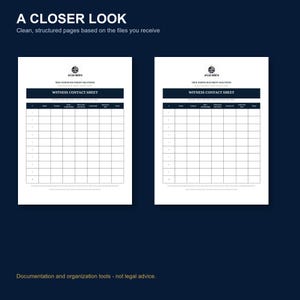 May include: Two identical white witness contact sheets with dark blue headers and grid lines. Each document features the Atlas North logo, the title Witness Contact Sheet, and columns for name, contact, relationship, and other relevant information.
