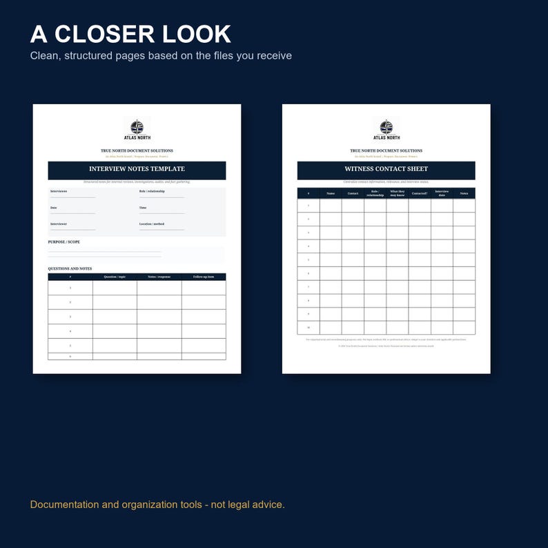 May include: Two white document templates titled A CLOSER LOOK, featuring the Atlas North logo. The left page is an Interview Notes Template with fields for details and a table. The right page is a Witness Contact Sheet with a grid for contact data.