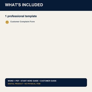May include: A digital document template titled WHAT'S INCLUDED, listing 1 professional template for a Customer Complaint Form. The bottom section specifies WORD + PDF, START HERE GUIDE, CUSTOMER GUIDE, and notes it is a DIGITAL PRODUCT.