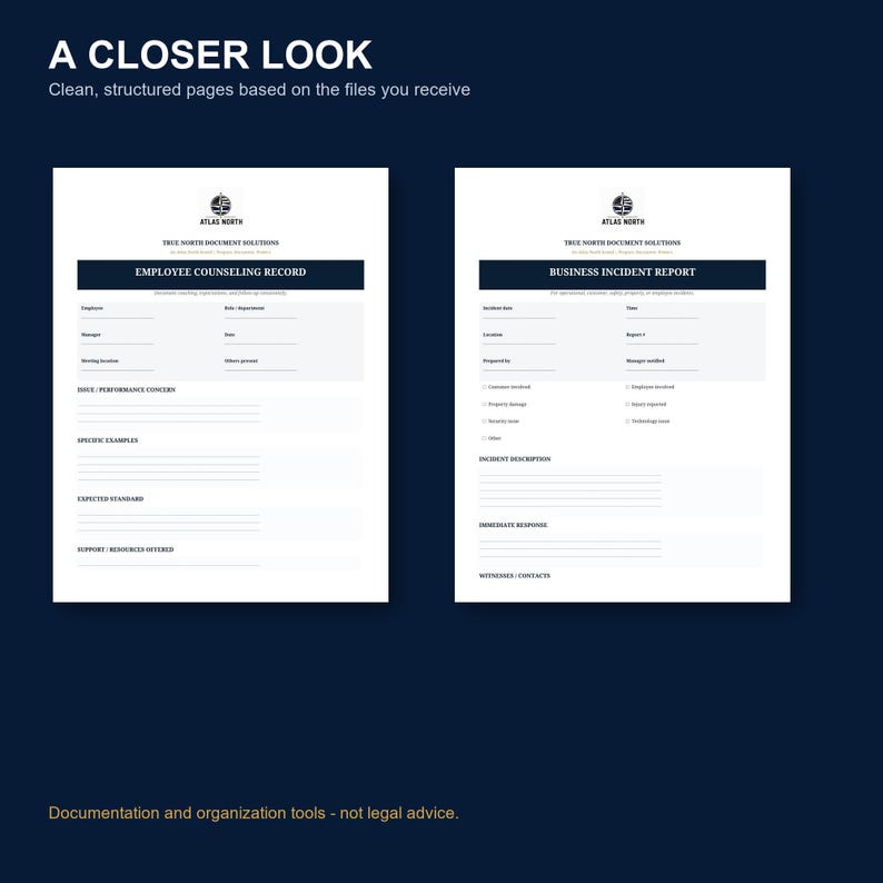 May include: Two white digital document templates titled A CLOSER LOOK, featuring an Employee Counseling Record and a Business Incident Report from True North Document Solutions. The forms include black headers, structured lines, and checkboxes.
