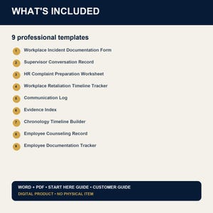 May include: A digital document listing nine professional templates: Workplace Incident Documentation Form, Supervisor Conversation Record, HR Complaint Preparation Worksheet, Workplace Retaliation Timeline Tracker, Communication Log, Evidence Index, Chronology Timeline Builder, Employee Counseling Record, and Employee Documentation Tracker.