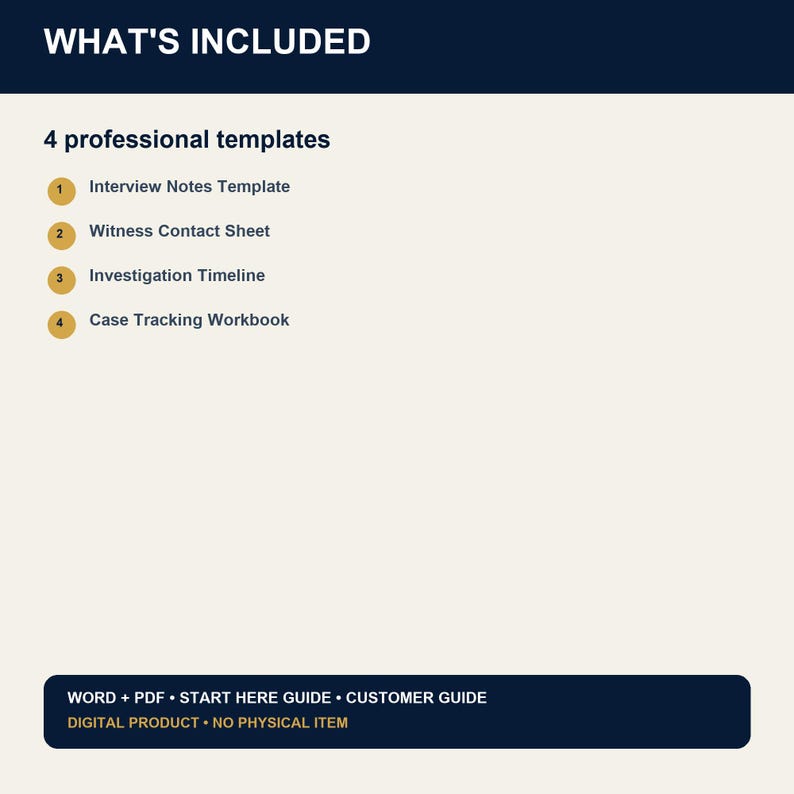 May include: A digital document listing four professional templates: Interview Notes Template, Witness Contact Sheet, Investigation Timeline, and Case Tracking Workbook. The bottom section specifies Word and PDF formats, guides, and that it is a digital product.