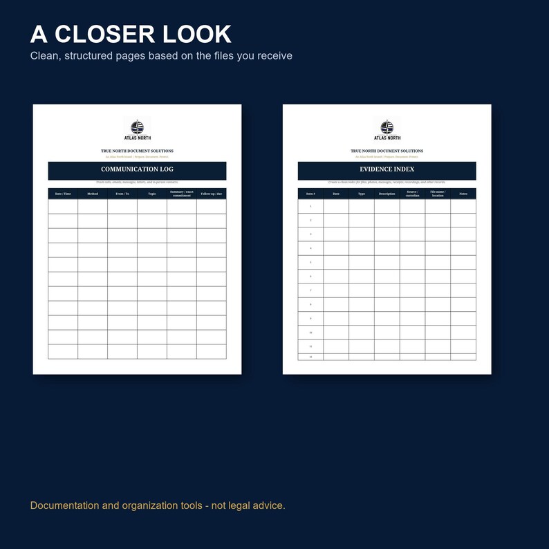 May include: Two white document templates with dark blue headers and borders. The left page is titled COMMUNICATION LOG with columns for date, time, method, from, to, topic, summary, and follow-up. The right page is titled EVIDENCE INDEX.