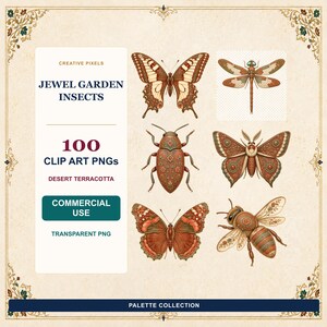 Może przedstawiać: Cyfrowa kolekcja zatytułowana Jewel Garden Insects zawierająca 100 plików clipart PNG w odcieniach pustynnej terakoty. Obraz przedstawia motyla, ważkę, chrząszcza, ćmę i pszczołę ze skomplikowanymi wzorami na kremowym tle.