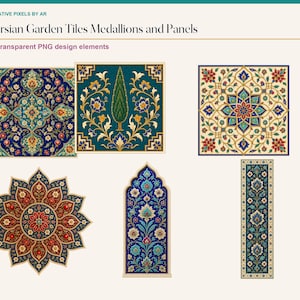Puede incluir: Una colección de 12 elementos de diseño digital titulados Persian Garden Tiles Medallions and Panels. Los gráficos presentan intrincados patrones florales y botánicos en tonos azul oscuro, rojo, dorado y crema, presentados como azulejos cuadrados, arqueados y rectangulares.