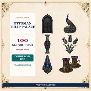 Op de afbeelding: Een digitale collectie getiteld Ottoman Tulip Palace met 100 clip art PNG's. De afbeelding toont een donkerblauwe boogdeur, een pauw, een vaas, tulpen, een decoratief ornament en twee theekopjes met schoteltjes, allemaal met gouden details.