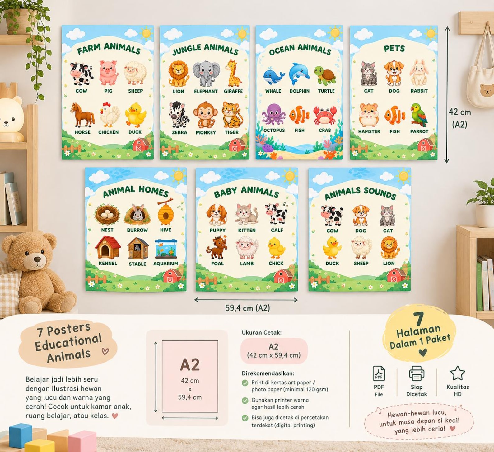 7 Animal Learning Posters Bundle, A2 Nursery Wall Art (digital Download ...