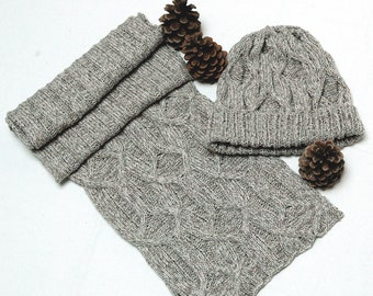 Cashmere Scarf & Hat Set for men, hand knit in pure cashmere "Forrest Island 2" with cables and ribs - MADE TO ORDER