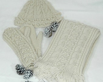 Scarf, Hat & Mittens set/combo, hand knit in pure soft Merino "Cortes Island" - MADE TO ORDER