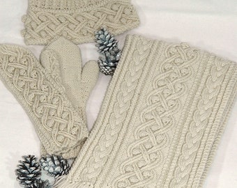 Scarf, Hat & Mittens set/combo, hand knit in pure fine Merino "Mayne Island" - MADE TO ORDER