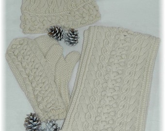 Scarf, Hat & Mittens combo/set, hand knit with cables and bobbles in pure fine Merino "Gambier Island" - MADE TO ORDER