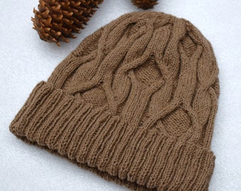 Hat for men/women "Forrest Island", handknit in unique underdown of the New Zealand Red Deer (Cervelt), with cables - MADE TO ORDER