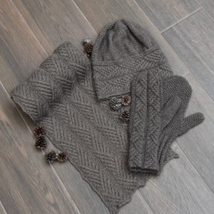 Pure Qiviut Scarf, Hat & Mittens set for women, handknit with cables in pure muskox underdown - MADE TO ORDER