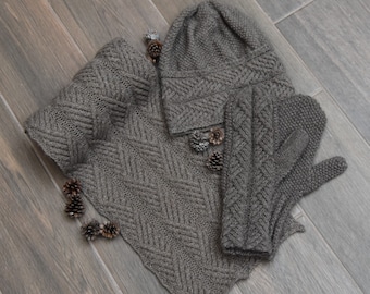 Pure Qiviut Scarf, Hat & Mittens set for women, handknit with cables in pure muskox underdown - MADE TO ORDER