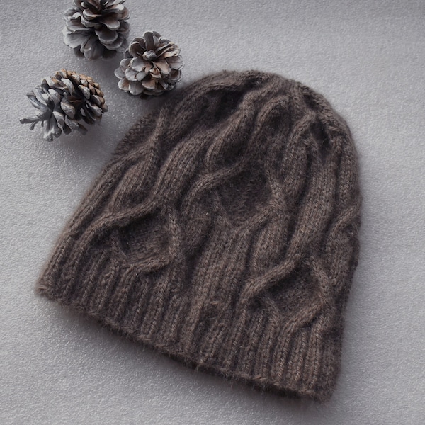 Handknit Hat for men/women in pure qiviut (underdown of the muskoxen) with cables "Forrest Island Short" - MADE TO ORDER