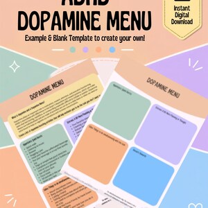 Peut inclure: Un téléchargement numérique présentant un menu de dopamine TDAH avec une feuille d'exemple et un modèle vierge. Les documents incluent des sections pour les amuse-gueules, les entrées, les accompagnements et les desserts, avec une palette de couleurs pastel et du texte noir.