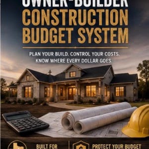 Op de afbeelding: Een boekomslag getiteld The Complete Owner-Builder Construction Budget System door S. L. Brito. Het toont een huis, een rekenmachine, opgerolde bouwtekeningen en een gele veiligheidshelm. De tekst luidt: Plan your build. Control your costs.