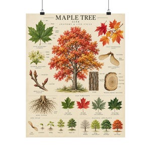 May include: A botanical educational poster titled MAPLE TREE ACER ANATOMY & LIFE CYCLE. It features a central maple tree with autumn foliage, surrounded by detailed illustrations of leaves, flowers, buds, roots, bark, seeds, and a wood cross-section.