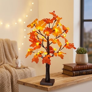 Puede incluir: Un árbol decorativo de mesa con ramas de color marrón oscuro y hojas de arce en tonos naranja y rojo vibrantes. El árbol está iluminado por pequeñas luces LED de color blanco cálido entre el follaje, sobre una base cuadrada negra.