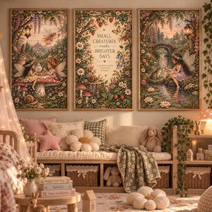May include: A set of three framed wall art prints featuring whimsical forest scenes with fairies, a rabbit, a frog, and floral motifs. The central print displays the text "SMALL CREATURES make BRIGHTER DAYS A KINDER WORLD IS ALWAYS POSSIBLE" surrounded by flowers.