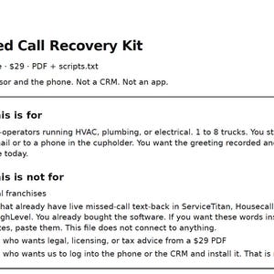 May include: A digital document titled Missed Call Recovery Kit, which includes PDF and scripts.txt files. The text outlines that this is for US owner-operators in HVAC, plumbing, or electrical fields, and specifies it is not a CRM or an app.