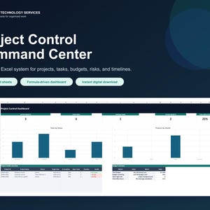 Könnte beinhalten: Ein digitales Excel-System für ein Projektsteuerungs-Command-Center von Craig Technology Services. Die Benutzeroberfläche zeigt einen dunkelblauen Hintergrund mit weißem Text, ein Dashboard mit Balkendiagrammen und Projektstatus-Metriken.