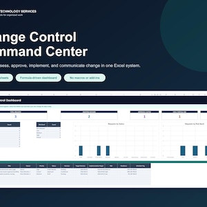 May include: A digital spreadsheet interface titled Change Control Command Center by Craig Technology Services. The dashboard features summary metrics, status counts, risk band data, and a priority change view table with columns for ID, title, owner, and dates.