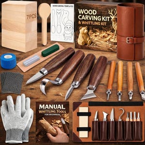 May include: A comprehensive wood carving and whittling kit featuring seven wooden blocks, various metal carving knives with dark wood handles, a leather tool roll, sharpening stones, sandpaper, protective gloves, a template sheet, and a manual.